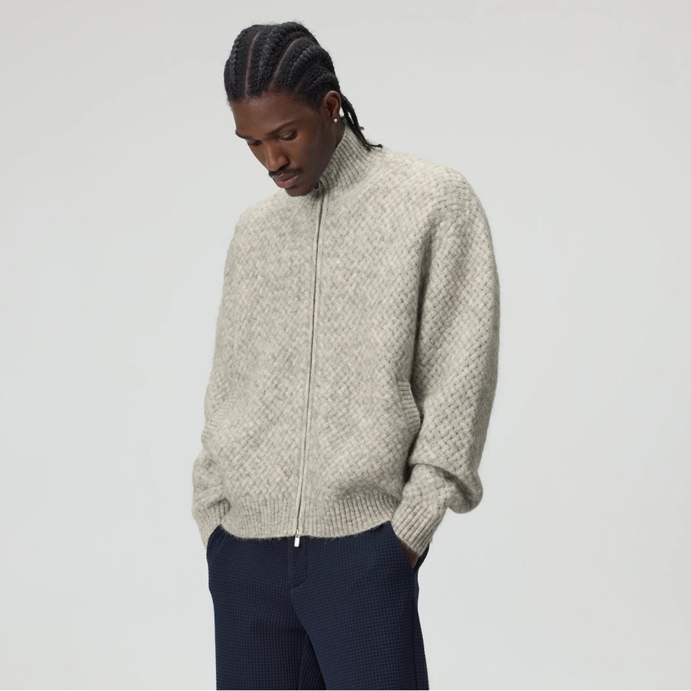 carbon2cobalt Men's Oatmeal Full Zip cable‎ knit Sweater